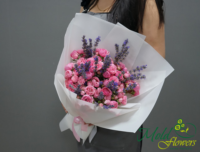 Bouquet with pink peony roses and lavender photo